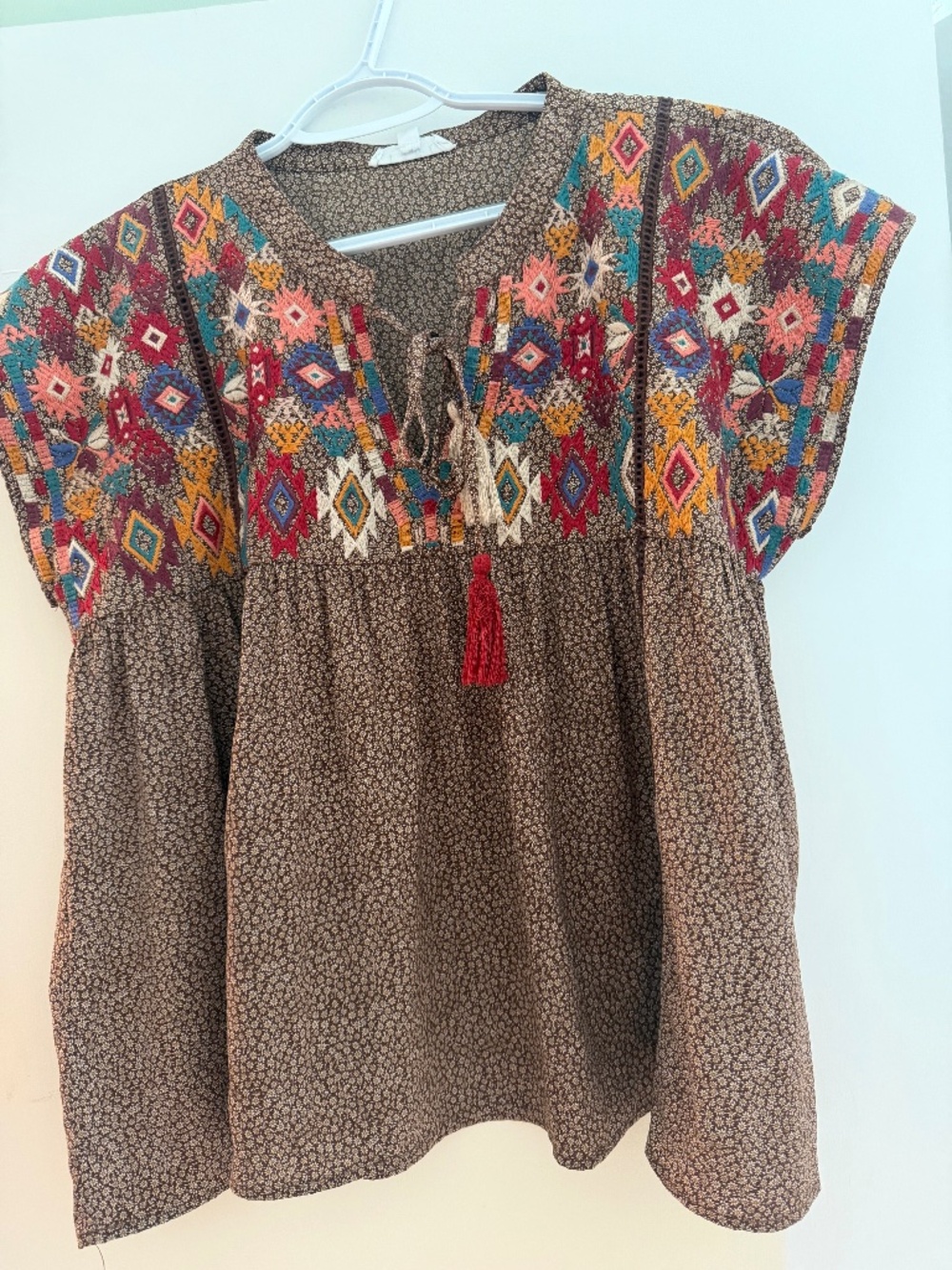 THML Embroidered Floral Tassel Blouse – Medium